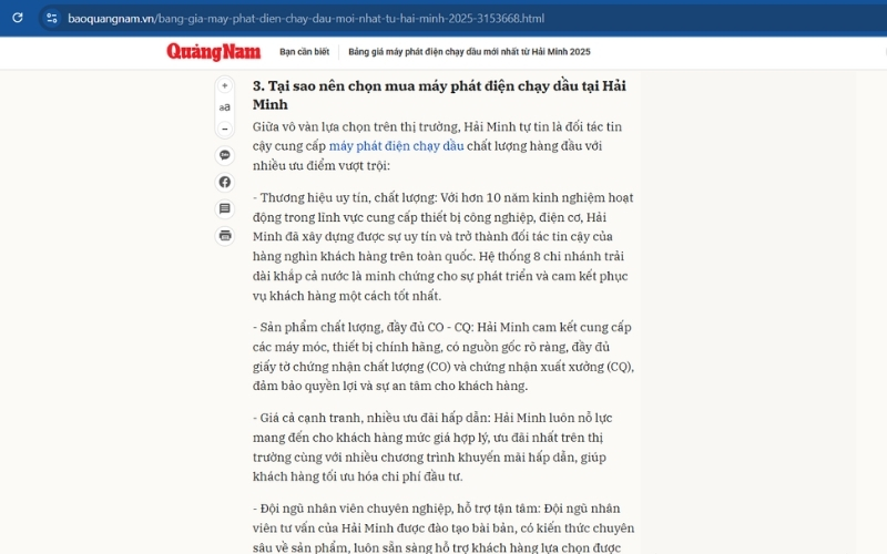 Bảng giá máy phát chạy dầu mới nhất 2025