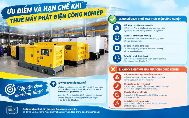 Ưu điểm và hạn chế khi thuê máy phát điện công nghiệp