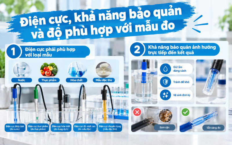 Điện cực, khả năng bảo quản và độ phù hợp với mẫu đo