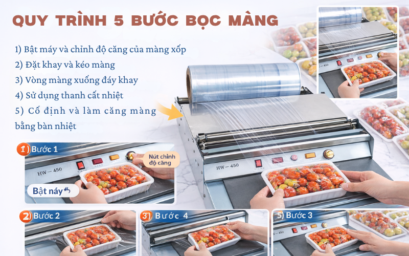 Quy trình 5 bước bọc màng khay xốp không rách