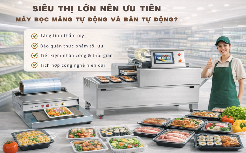 Siêu thị lớn nên ưu tiên máy bọc màng tự động và bán tự động?