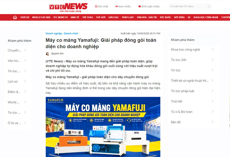 Bài báo trên trang VTC News về máy co màng Yamafuji 