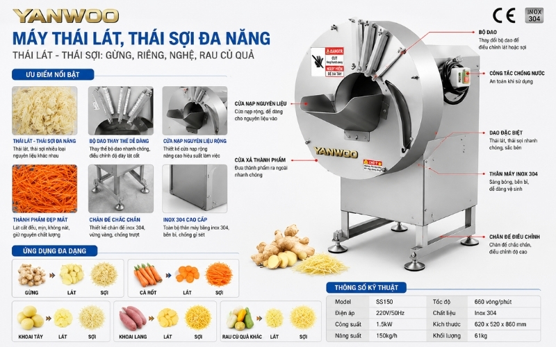 Máy thái lát, thái sợi gừng riềng Inox 304 YANWOO SS150