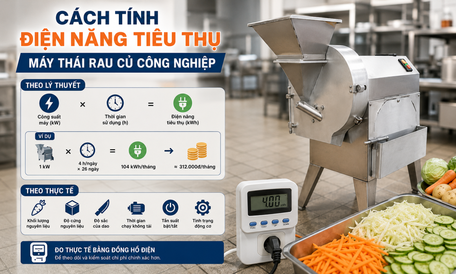 Cách để tính điện năng tiêu thụ máy thái rau củ quả công nghiệp