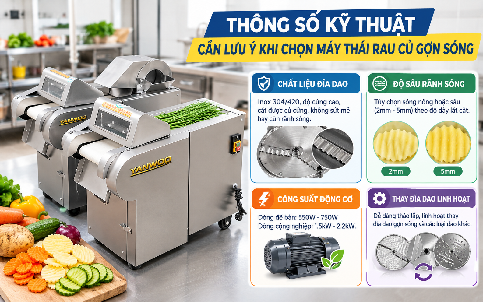 Thông số kỹ thuật cần lưu ý khi chọn máy thái rau củ gợn sóng