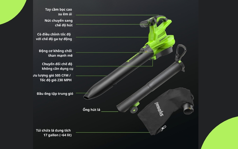 Cấu tạo của Máy thổi lá dùng pin Greenworks 40V BVF444