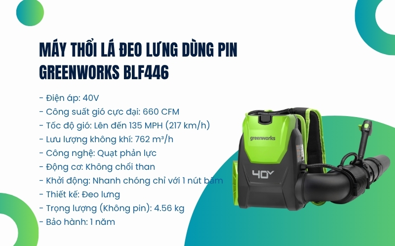 Máy thổi lá đeo lưng dùng pin Greenworks BLF446