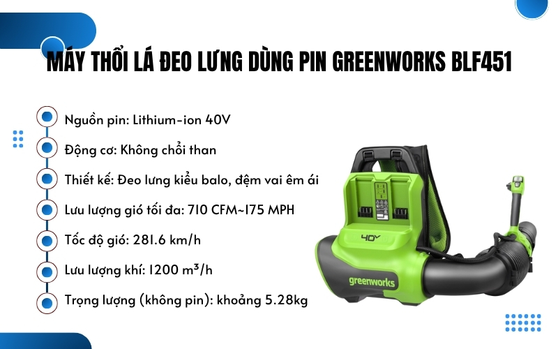 Máy thổi lá đeo lưng dùng pin Greenworks BLF451