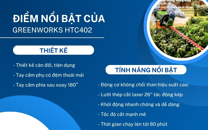 Điểm nổi bật của Máy cắt tỉa hàng rào Greenworks HTC402