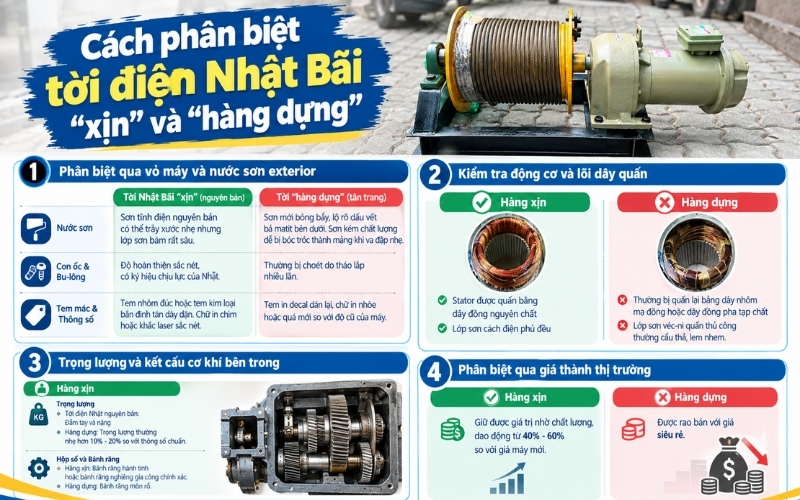 Cách phân biệt tời điện Nhật Bãi xịn và hàng dựng
