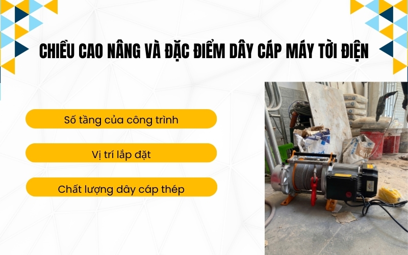 Chiều cao nâng và đặc điểm dây cáp máy tời điện