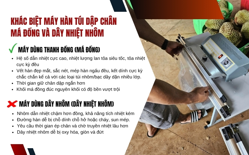 Khác biệt máy hàn túi dập chân má đồng và dây nhiệt nhôm