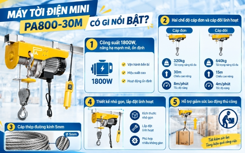Máy tời điện mini PA800-30m có gì nổi bật