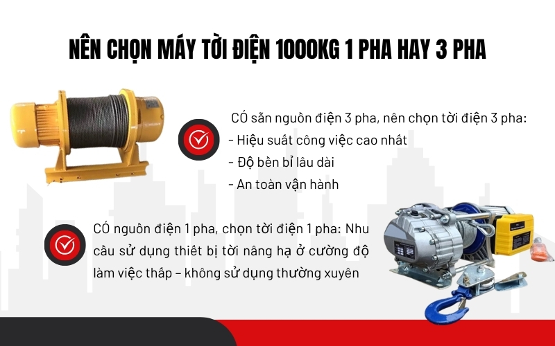 Nên chọn máy tời điện 1000kg 1 pha hay 3 pha