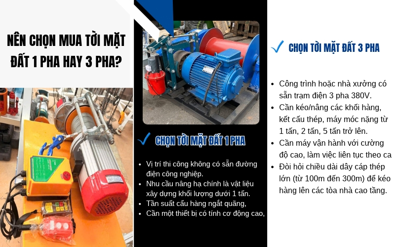 Nên chọn mua tời mặt đất 1 pha hay 3 pha