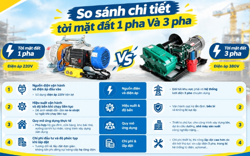 So sánh chi tiết tời mặt đất 1 pha và 3 pha