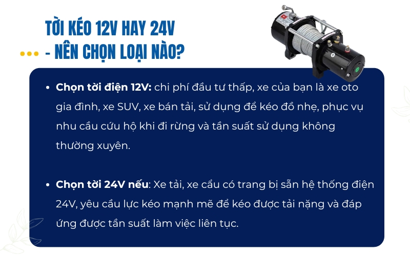 Tời kéo 12V hay 24V – nên chọn loại nào?
