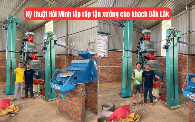 Kỹ thuật Hải Minh lắp ráp máy xát gạo HM1000-2 tận xưởng cho khách Đắk Lắk