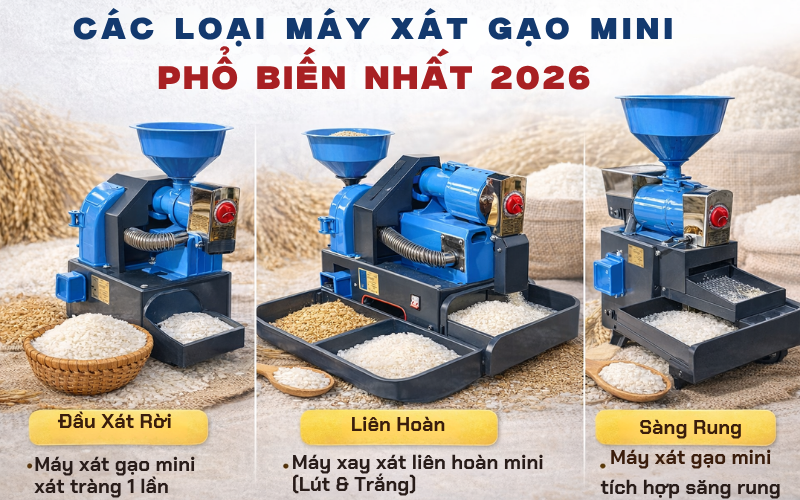 Các loại máy xát gạo mini phổ biến nhất 2026