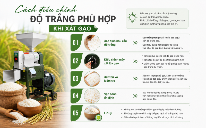 Cách điều chỉnh độ trắng phù hợp khi xát gạo