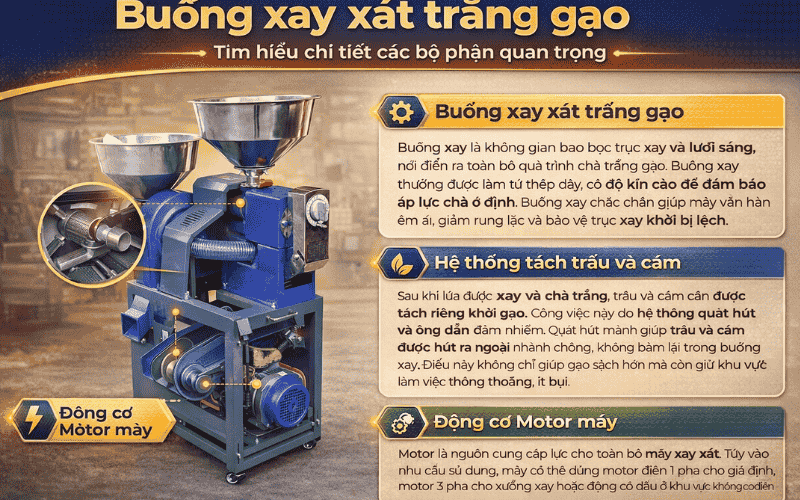 Cấu tạo máy xát trắng gạo chi tiết