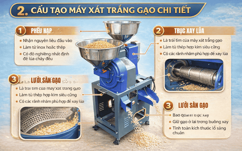 Cấu tạo máy xát trắng gạo chi tiết