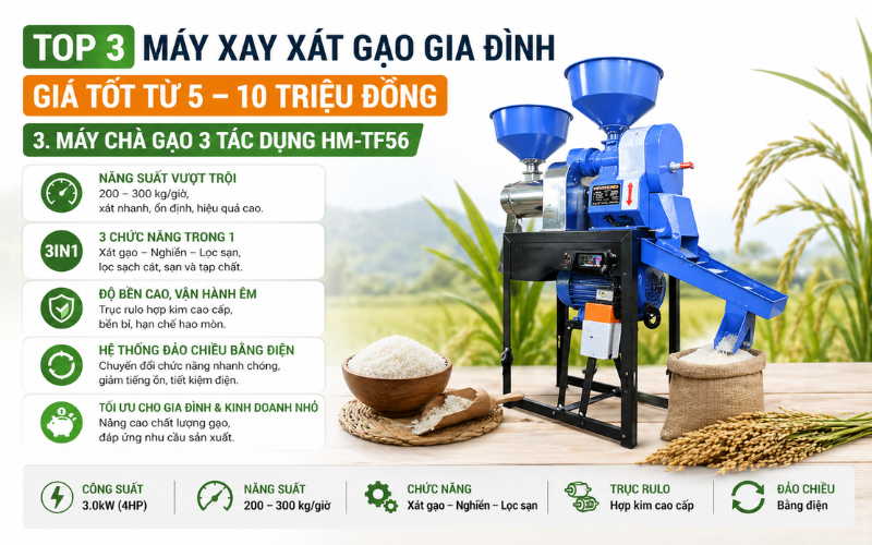 Máy chà gạo 3 tác dụng HM-TF56 năng suất 200 - 300kg/giờ
