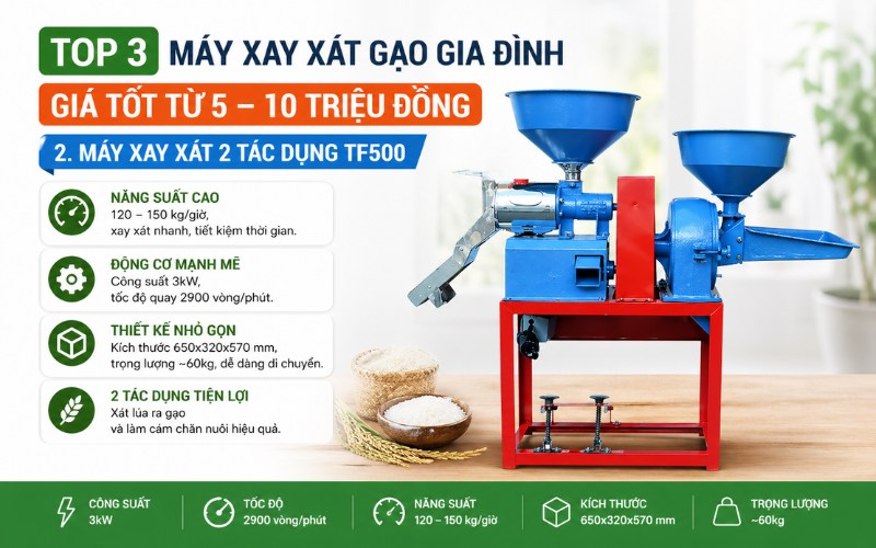Máy xay xát 2 tác dụng TF500 năng suất 120 - 150 kg/giờ