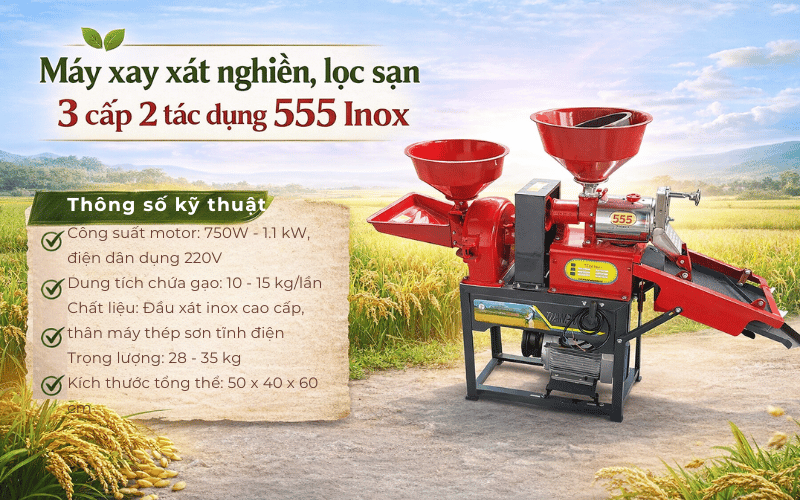 Máy xay xát nghiền, lọc sạn 3 cấp 2 tác dụng 555 Inox