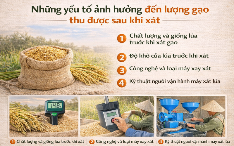 Những yếu tố ảnh hưởng đến lượng gạo thu được sau khi xát