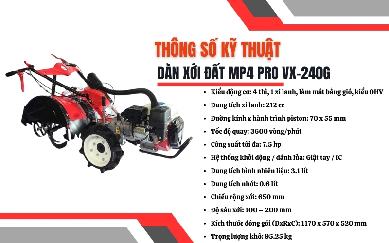 Thông số kỹ thuật của dàn xới đất MP4 PRO VX-240G