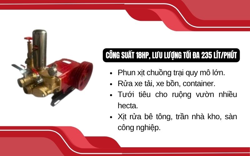 Công suất 18HP, lưu lượng tối đa 235 lít/phút