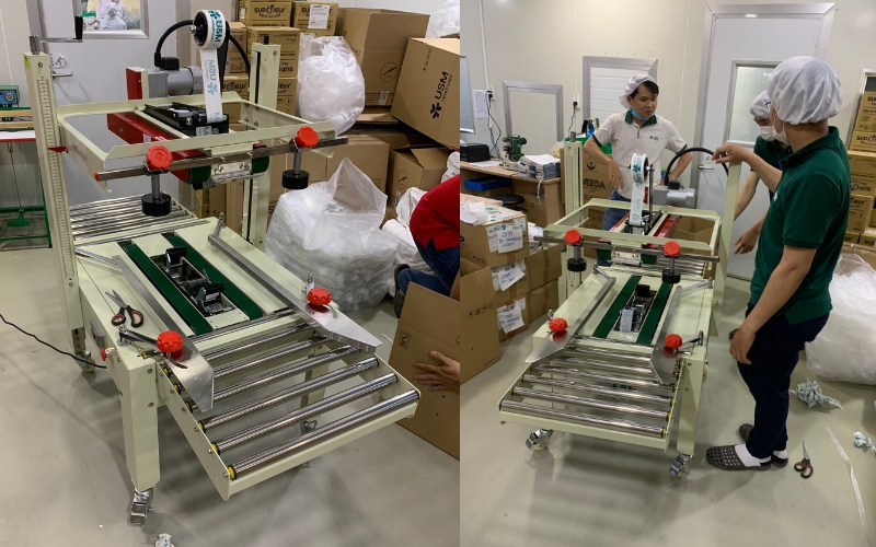 Bàn giao máy dán thùng FXJ6050 cho khách