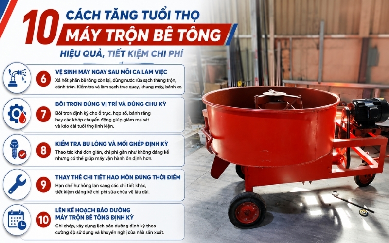10 cách tăng tuổi thọ máy trộn bê tông hiệu quả, tiết kiệm chi phí