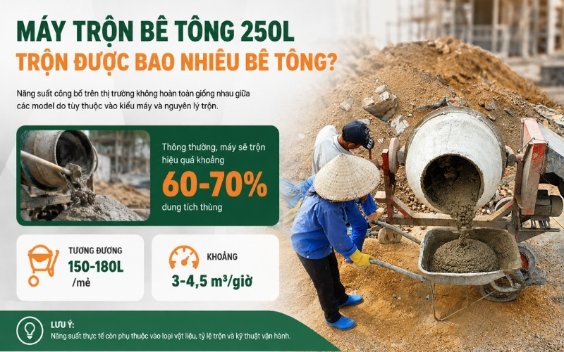 Máy trộn bê tông 250L trộn được bao nhiêu bê tông