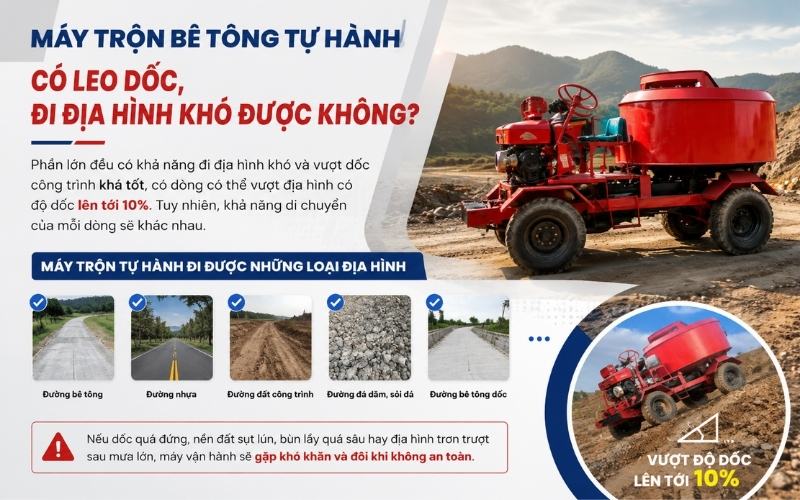 Máy trộn bê tông tự hành có leo dốc, đi địa hình khó được không