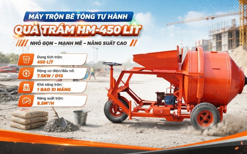 Máy trộn bê tông tự hành quả trám HM-450 lít
