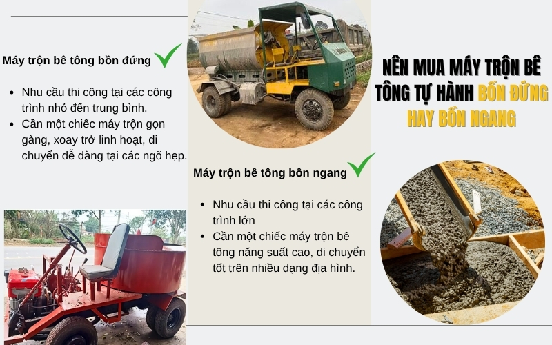Nên mua máy trộn bê tông tự hành bồn đứng hay bồn ngang