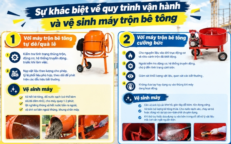 Sự khác biệt về quy trình vận hành và vệ sinh máy trộn bê tông