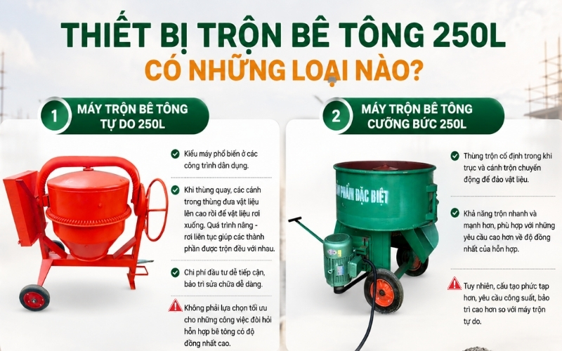 Thiết bị trộn bê tông 250L có những loại nào