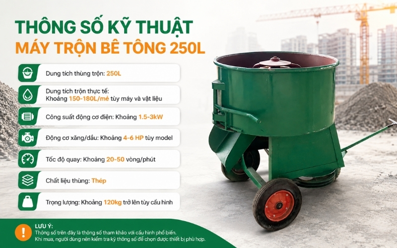Tìm hiểu thông số kỹ thuật máy trộn bê tông 250L
