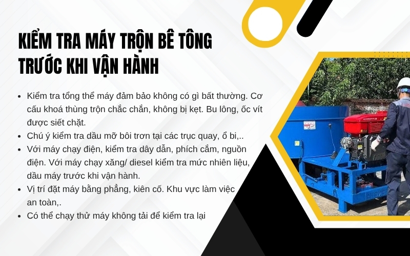 kiểm tra máy trộn bê tông trước khi vận hành