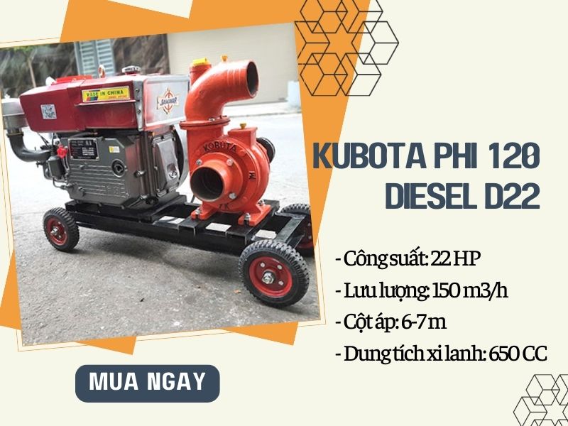 Máy bơm nước đầu bơm Kubota phi 120 Diesel D22
