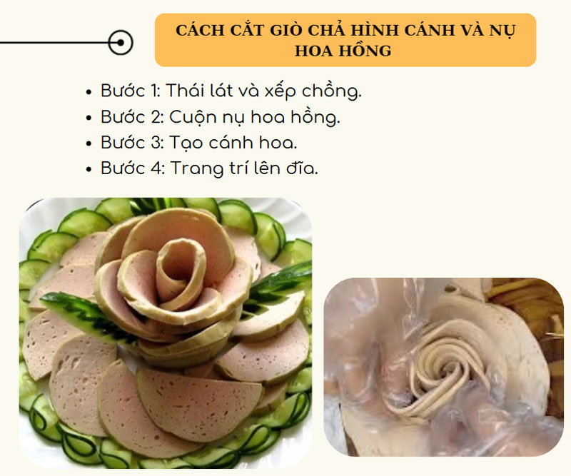 Cách cắt giò chả hình cánh và nụ hoa hồng  