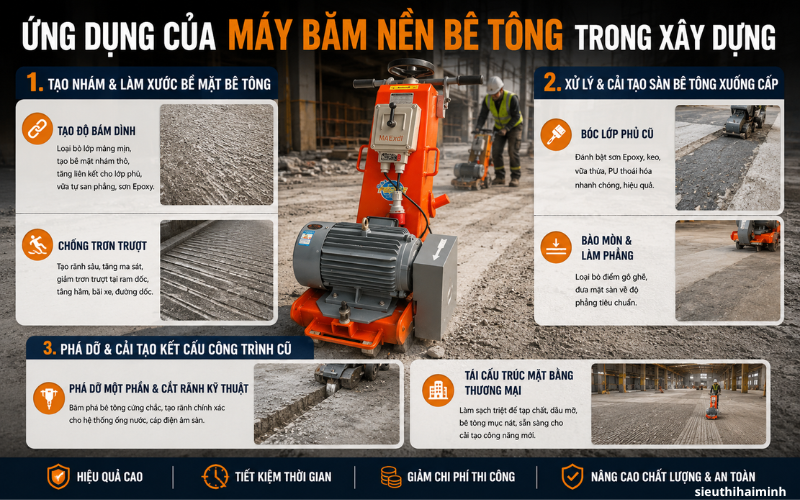 Ứng dụng của máy băm nền bê tông trong xây dựng