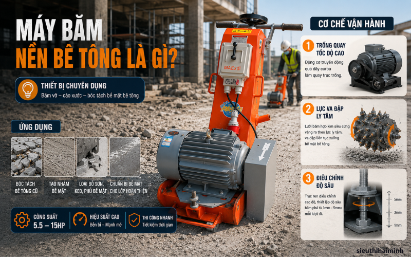 Máy băm nền bê tông là gì? Cơ chế vận hành kỹ thuật