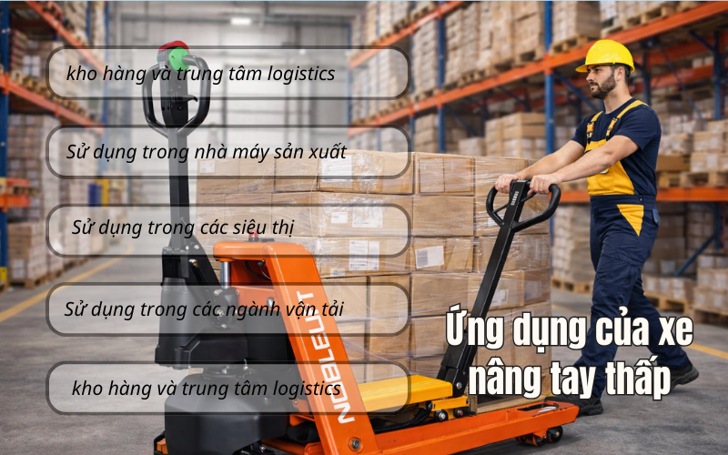 Xe nâng tay thấp giải pháp đóng gói hàng hóa hiệu quả kho bãi.